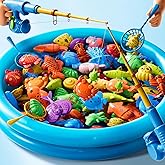 Magnetic Fishing Pool Toys Game for Kids Toddlers 3-5 4-8, Fishing Water Table Bathtub Toy with Inflatable Pool Pole Rod Net Plastic Floating Fish, Water Bath Pool Outdoor Toys for Kids Toddlers Baby