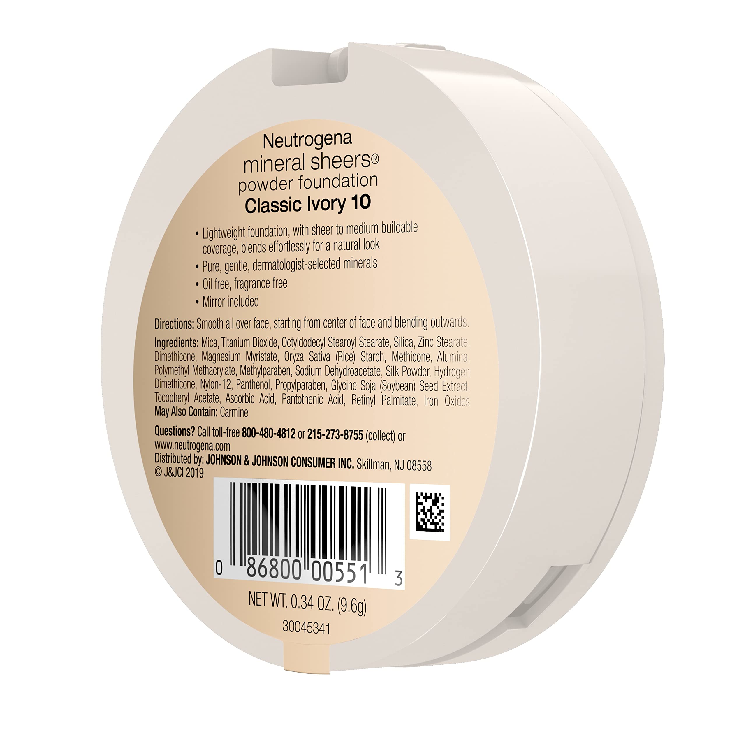 Neutrogena Mineral Sheers Compact Powder Foundation, Lightweight & Oil-Free Mineral Foundation, Fragrance-Free, Classic Ivory 10,.34 oz (Pack of 2)