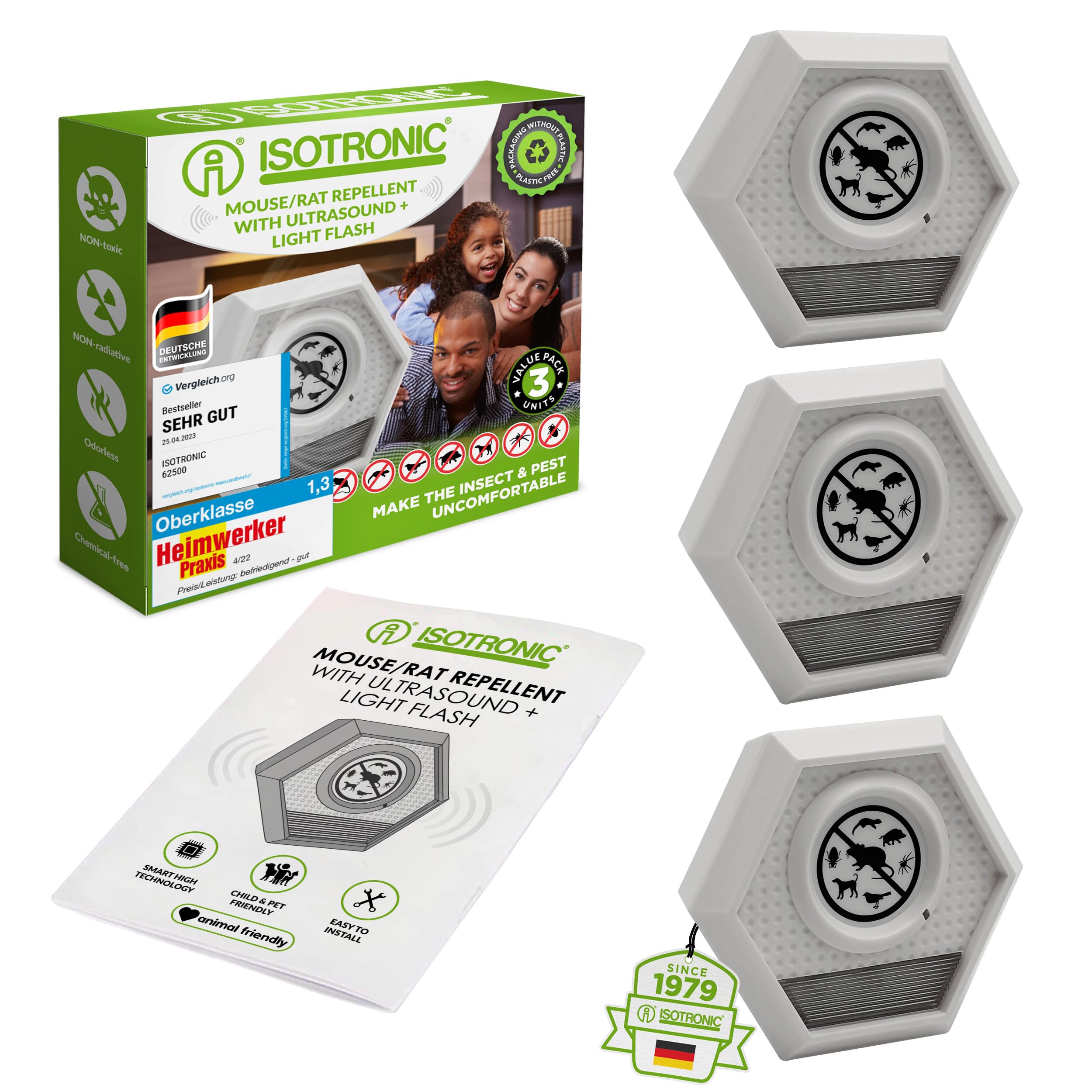 ISOTRONIC Bird Pigeon Animal Repeller Set of 3 Portable Deterrent Repellent Scarer Cat Dog