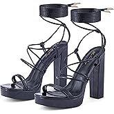 Elisabet Tang Women's Strappy Heeled Sandals, 5 inch Platform Heels Chunky Lace up High Heels Open Toe Party Shoes