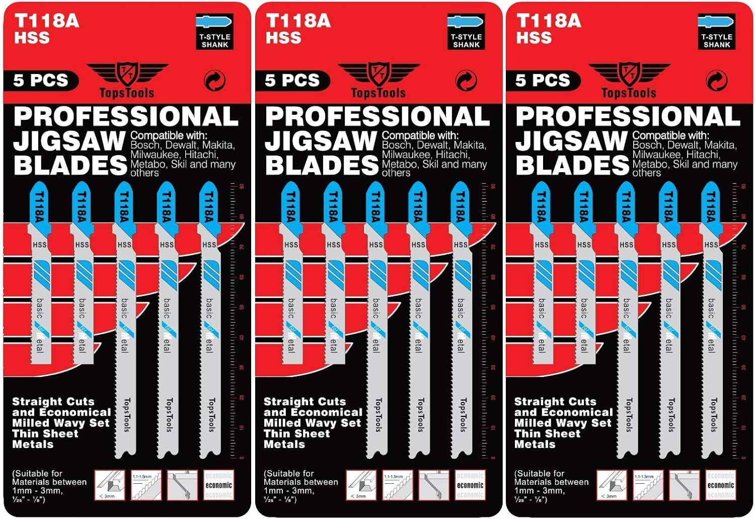 15 x TopsTools T118A 91mm Jigsaw Blades Designed for Metals, Black