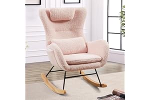 NIOIIKIT Nursery Rocking Chair, Teddy Upholstered Glider Rocker with Headrest and Lumbar Pillow, High Backrest Rocking Accent Chair with Side Pocket, Comfy Armchair for Living Room (Pink)