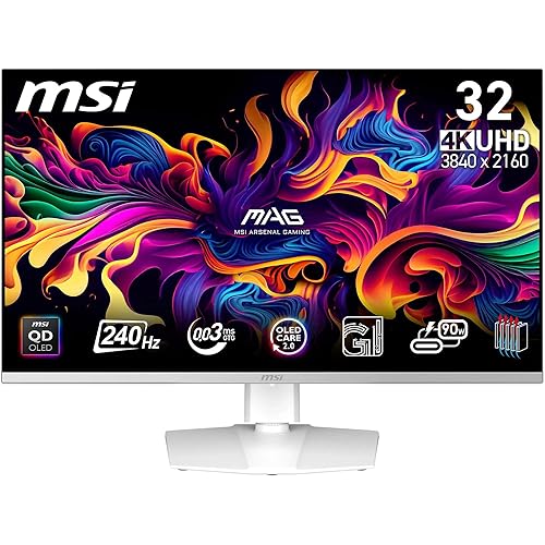 MSI MPG 321URXW QD-OLED 31.5 Inch 4K UHD Gaming Monitor - 3840 x 2160 Quantum Dot OLED Panel, 240Hz / 0.03ms, 99% DCI-P3, ΔE≤2, DisplayHDR True Black 400, KVM, RGB - DP 1.4a, HDMI 2.1, USB Type-C