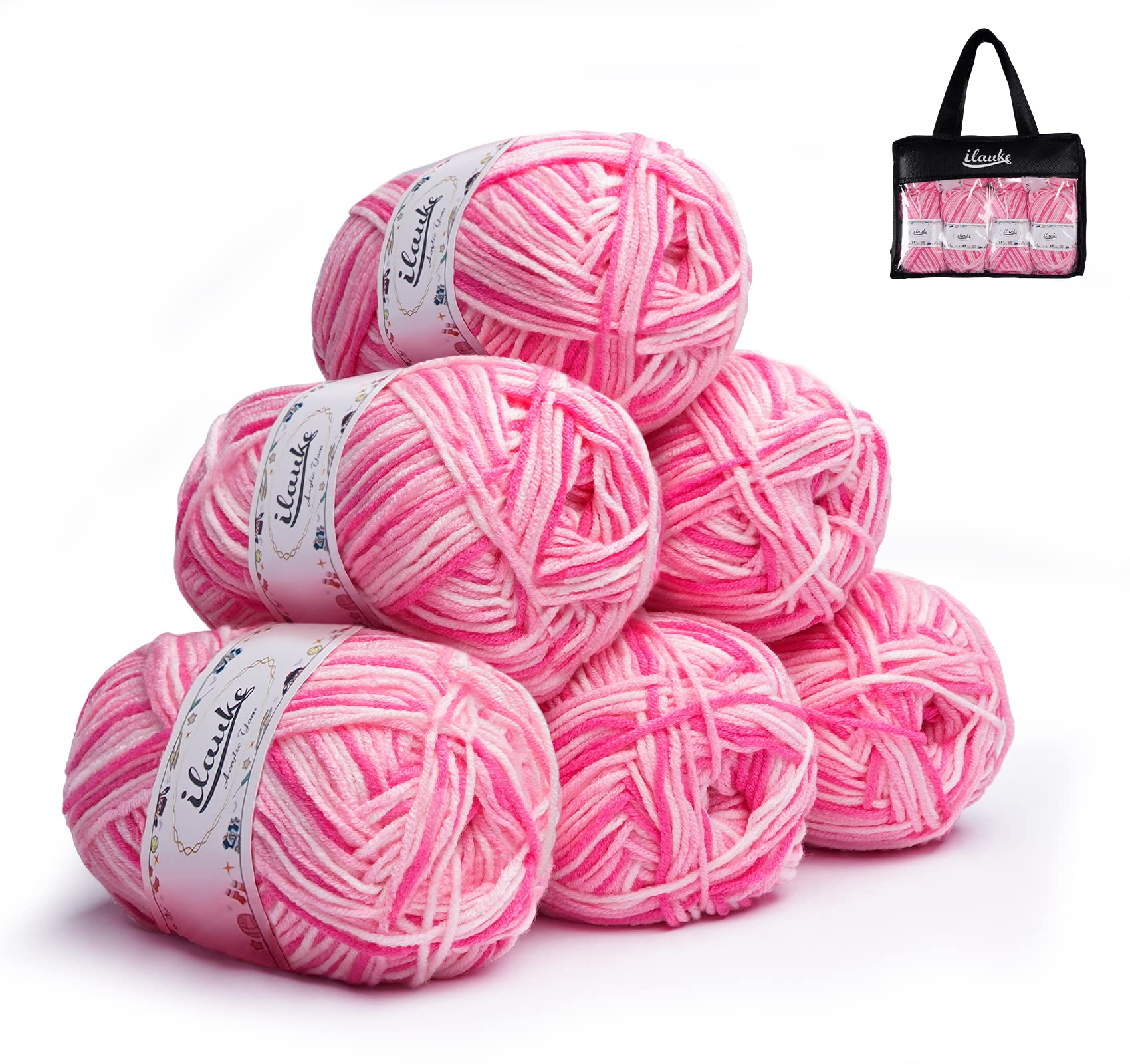 ilauke Crochet Yarn Balls(6 X 50g, 4-Ply), Knitting Wool Yarn for Crochet, Double Knitting Wool with Carrying Bag, Acrylic Yarn for DIY Craft and Crochet Project, Pink