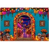 Tapukarua Dia de Los Muertos Backdrop Mexican Fiesta Day of the Dead 7x5ft | A glowing Mexican night street framed by a marigold arch, papel picado and sugar skulls for fiestas, portraits and altars.