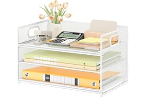 Subekyu 3 Tier Letter Tray Paper Organizer with Handle, 1 PC Sliding Tray, White Metal Mesh Desk File Folder Paper Sorter Org