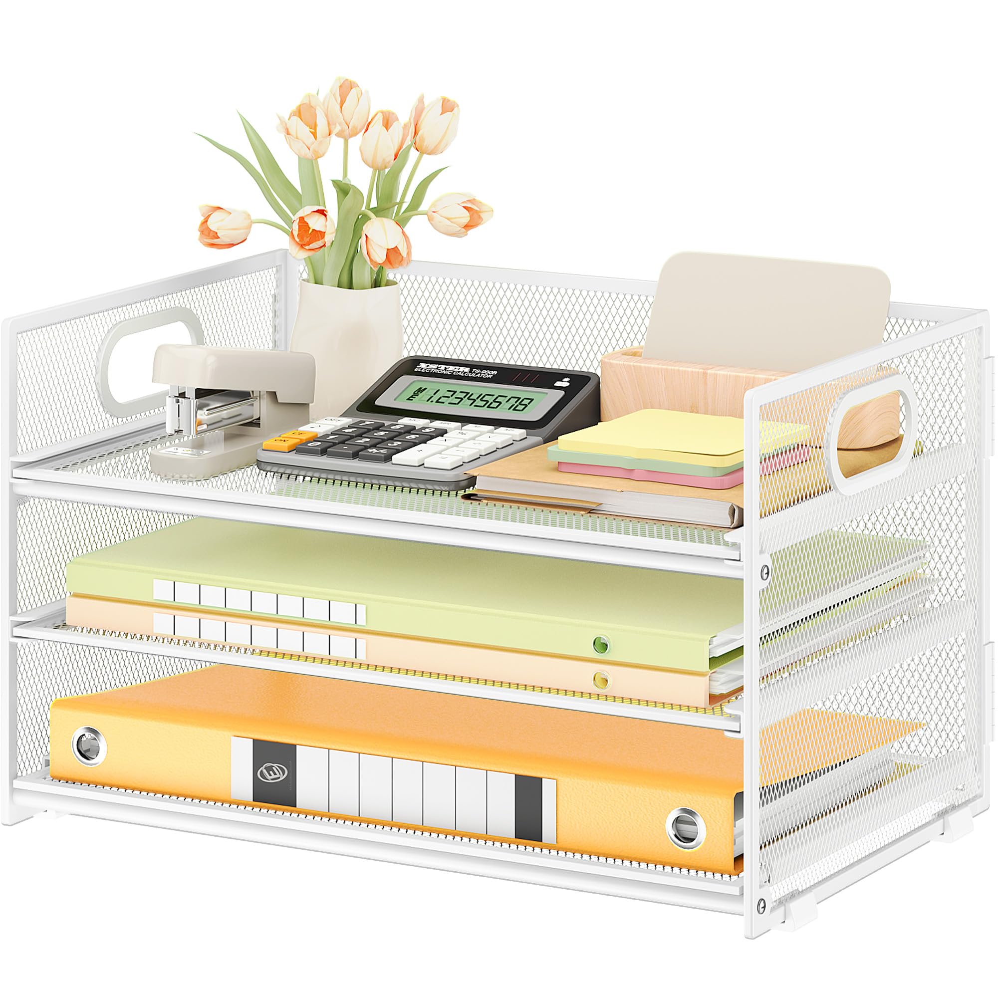 Photo 1 of Subekyu 3 Tier Letter Tray Paper Organizer with Handle, 1 PC Sliding Tray, White Metal Mesh Desk File Folder Paper Sorter Organizer for Home Office School Desk Supplies Organization Storage