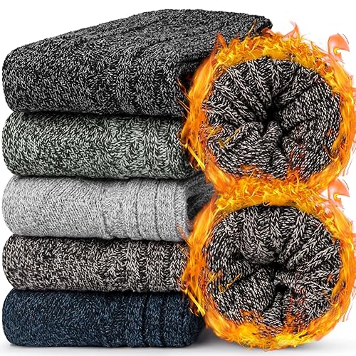 Chalier Finery Womens Thermal Wool Merino Socks Warm Knit Ladies Socks for Winter Walking Soft Hiking Long Heavy Comfy Thick Women Bed Socks 5 Pairs, Christmas Gifts for Women