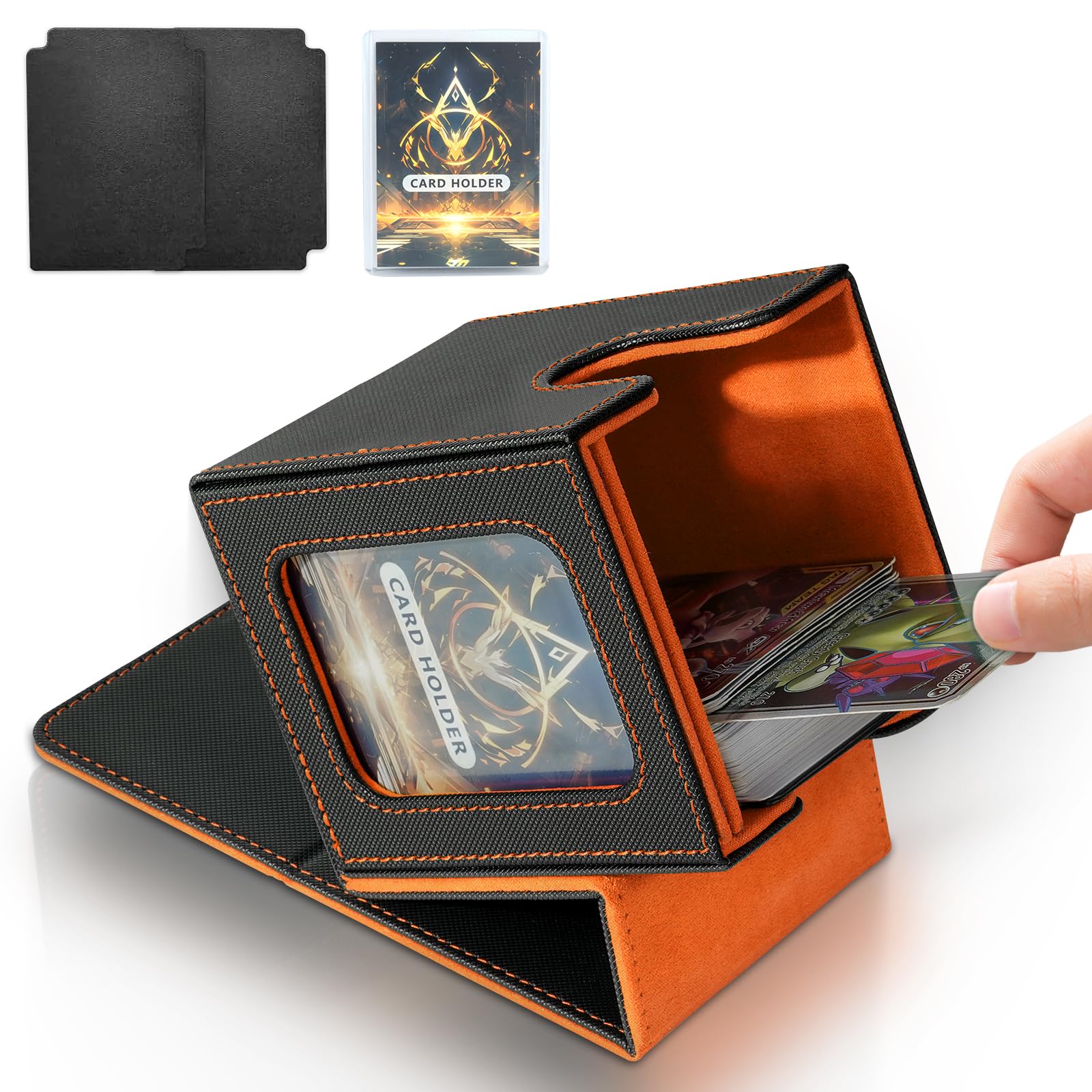 Jaffzora Card Deck Box for MTG Commander, Card Storage Box for Trading Cards, PU Leather Magnetic Card Display Case, Holds 100 Double-Sleeved Cards, Black&Orange — image 1