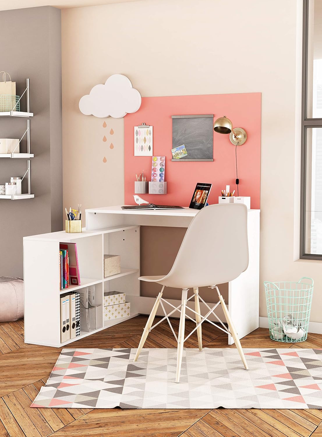 Demeyere 254460 Corner Desk, Wood, Pearl White, Shannon Oak, 111.9x100.7x76.7 cm - Image 4