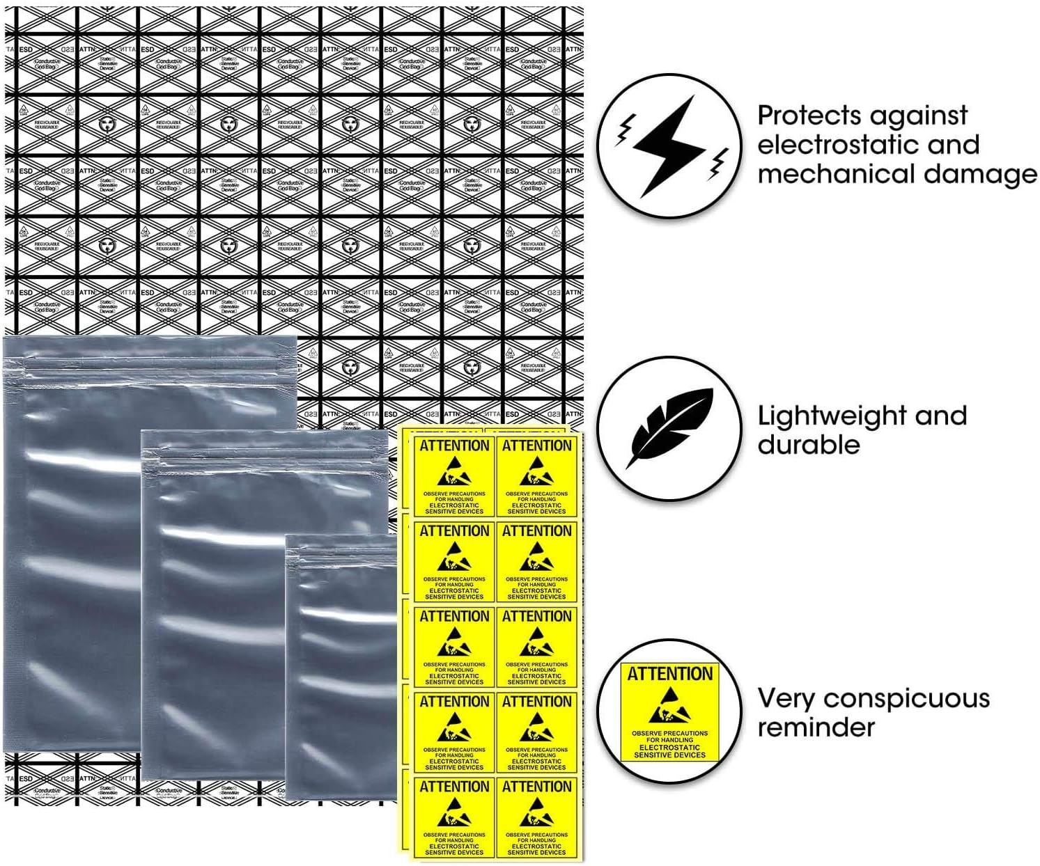 Larcenciel Anti Static Bags ESD Shielding Bag w/Labels, 55 Pc Mixed Sizes Open Top Large