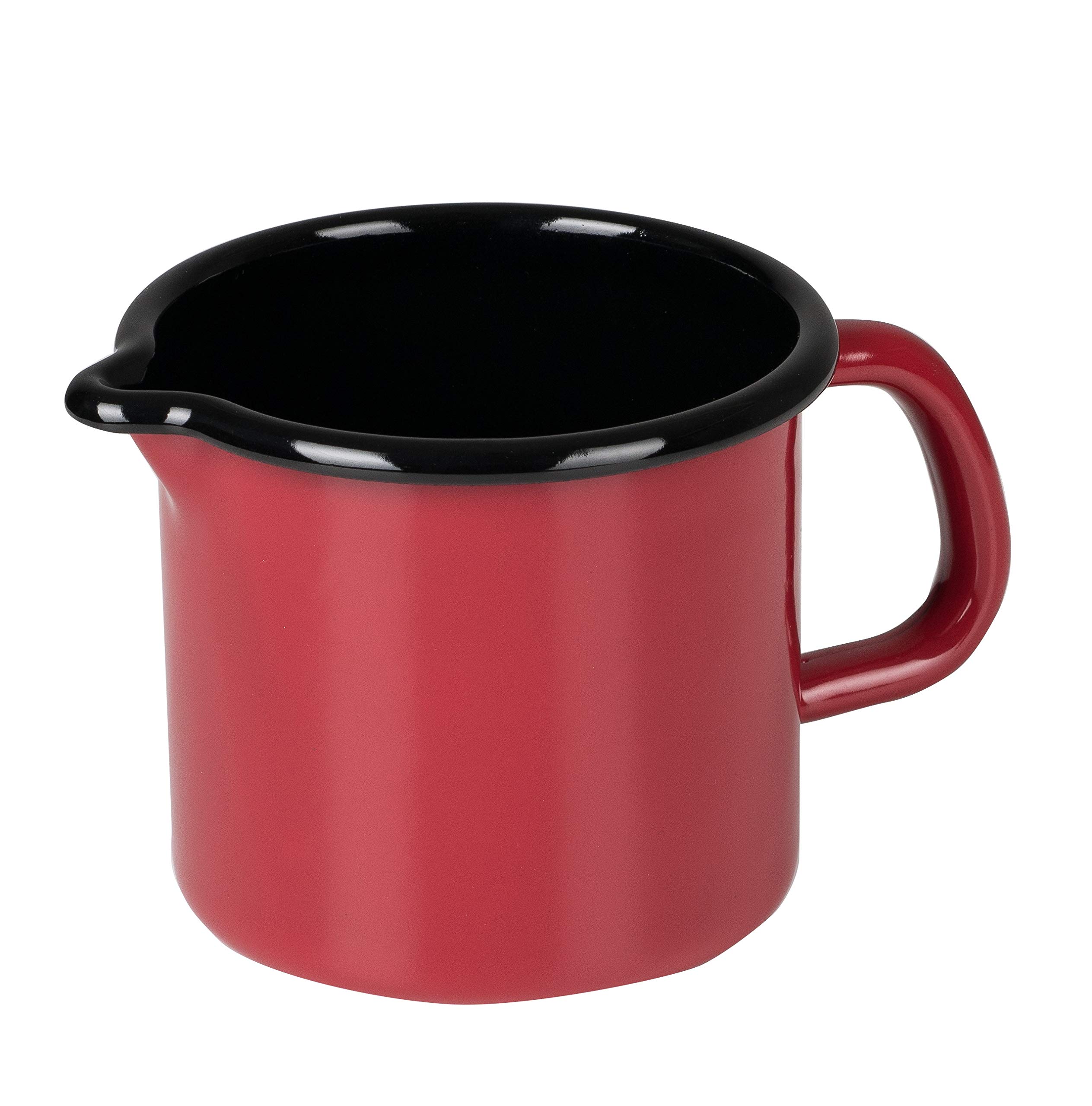 Riess, 0039-020 Sippy Pot Diameter 10 cm Colour Red Enamel, Volume (rec.): 0.8 Litres, Made in Austria, LWH: 16.3 x 11.3 x 10.0 cm, 0.320 kg, Jug with Handle, Lid, Compatible with Induction Cooker