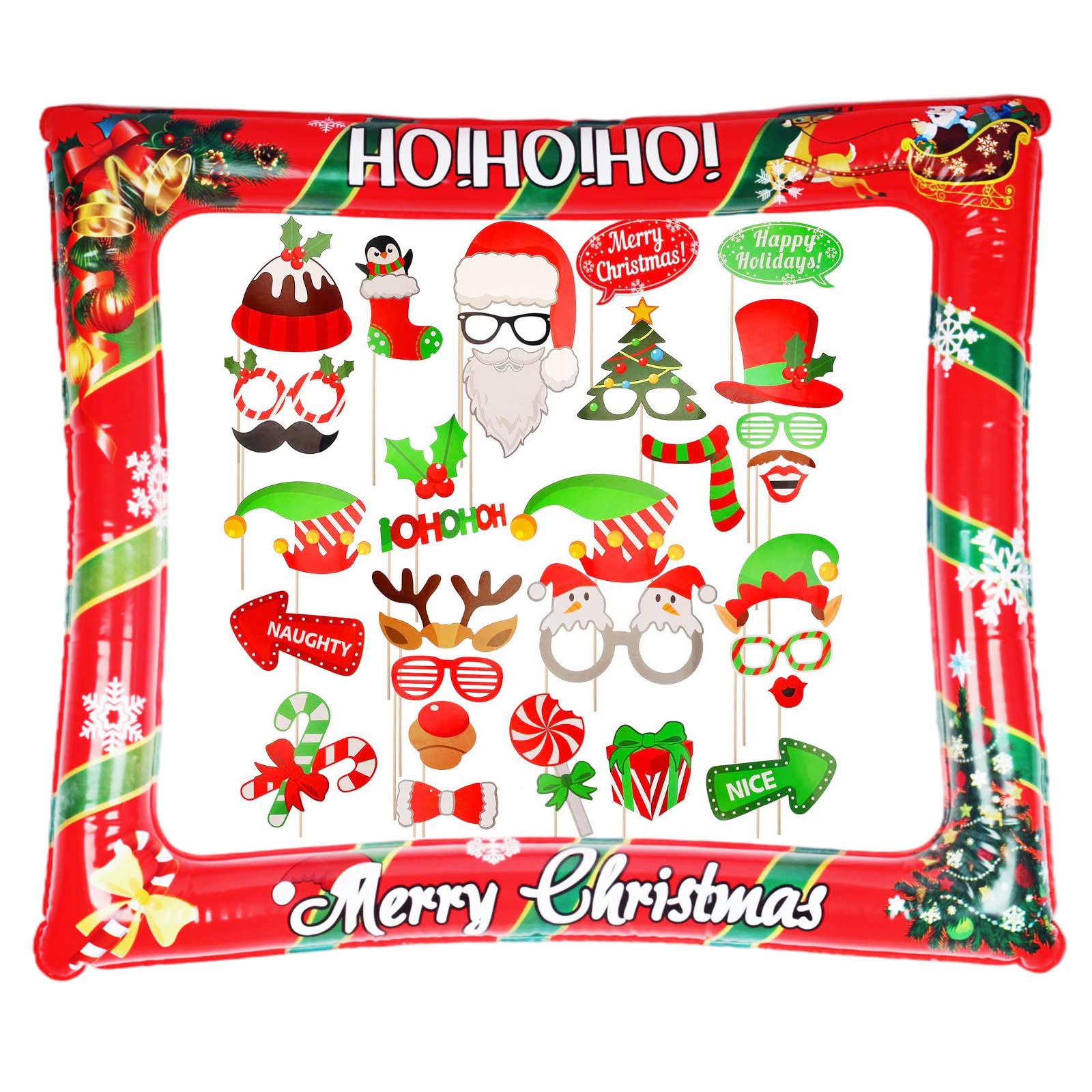 Christmas Party Photo Booth Props Frame, Xmas Photo Booth Frame with 32Pcs Photo Booth Props, Inflatable Selfie Photo Frame for Christmas Decor, Holiday Party, Inflatable Picture Frame Prop