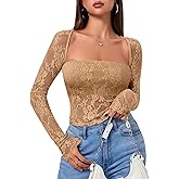 Girece Long Sleeve Lace Tops 2 Piece Square Neck Y2K Crop Top Brown Tube Tops Strapless Cute Floral Shirts Breathable Going Out Cami Top (Brown, XX-Large)