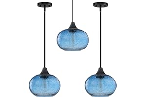SEENMING HOUSE 1 Light Hanging Indoor Kitchen Island Pendant Ceiling Light Fixtures 7.7" Black Seeded Brownish Glass,Modern Farmhouse Dinning Over Sink (Blue Glass, Black 3 Pack)