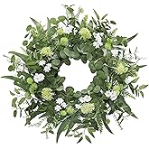 BINFEN 22"-24" Green Eucalyptus Wreaths for Front Door with White Flowers – Lifelike Spring, Summer, and Winter Wreath for Farmhouse Porch, Window, Door Decor