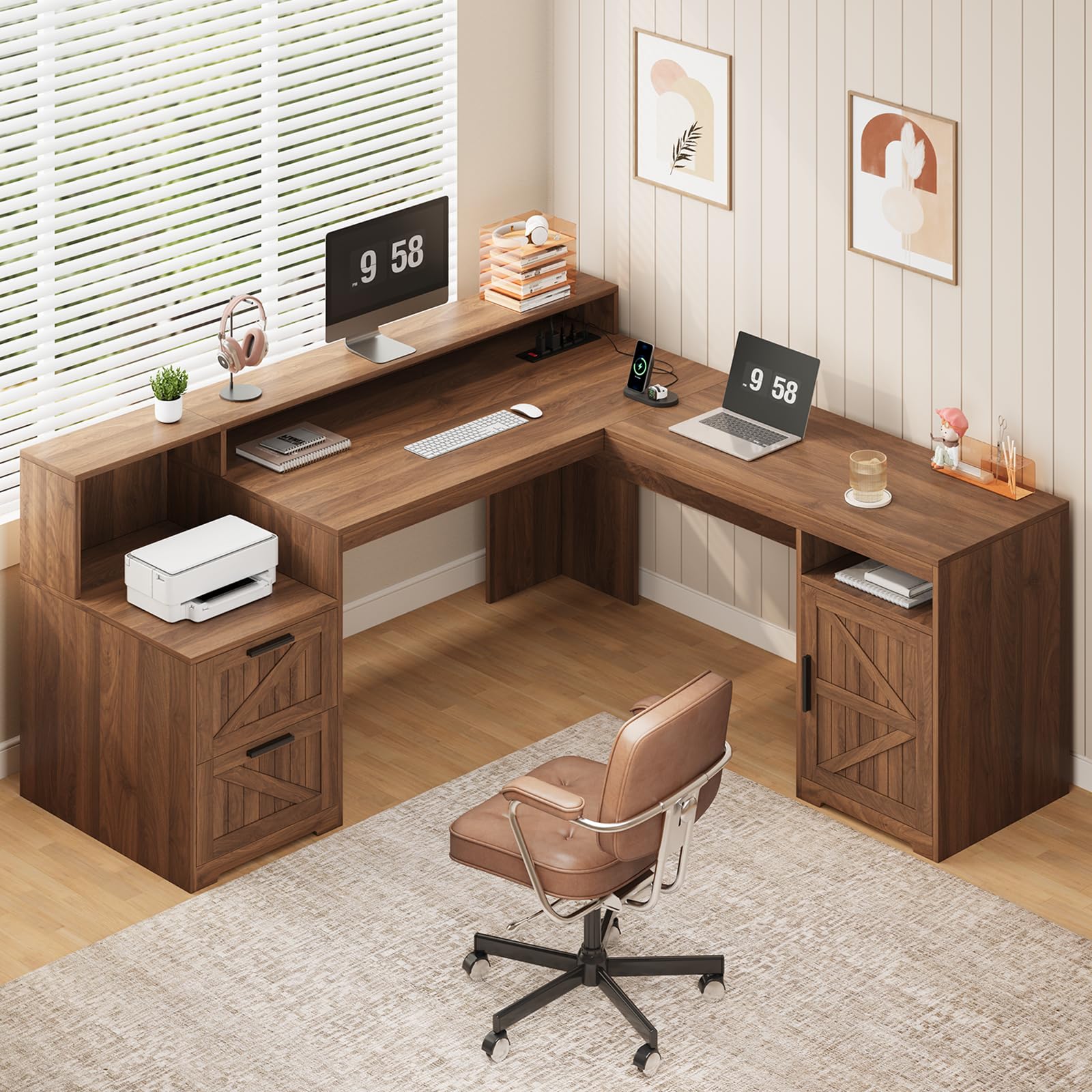 YOMILUVE 63" Farmhouse L Shaped Executive Desk with Drawers & Storage Shelf, Corner Computer Desk with Power Outlets, L Shaped Office Desk with Monitor Stand, Printer Shelf, Brown
