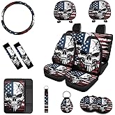 Rucaresri 13 Pcs American Flag Skull Car Seat Covers Full Set with Auto Steering Wheel Cover Armrest Cushion Protector Seat Belt Covers, Automotive Interior Sets Unverisal Fit Cars SUV Turcks
