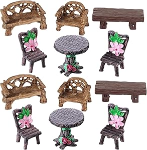 12 Pieces Fairy Garden Furniture Ornaments Miniature Table and Chairs Set Fairy Village Micro Resin Bench Chair for Dollhouse Accessories Home Micro Landscape Decoration (Cute Style)