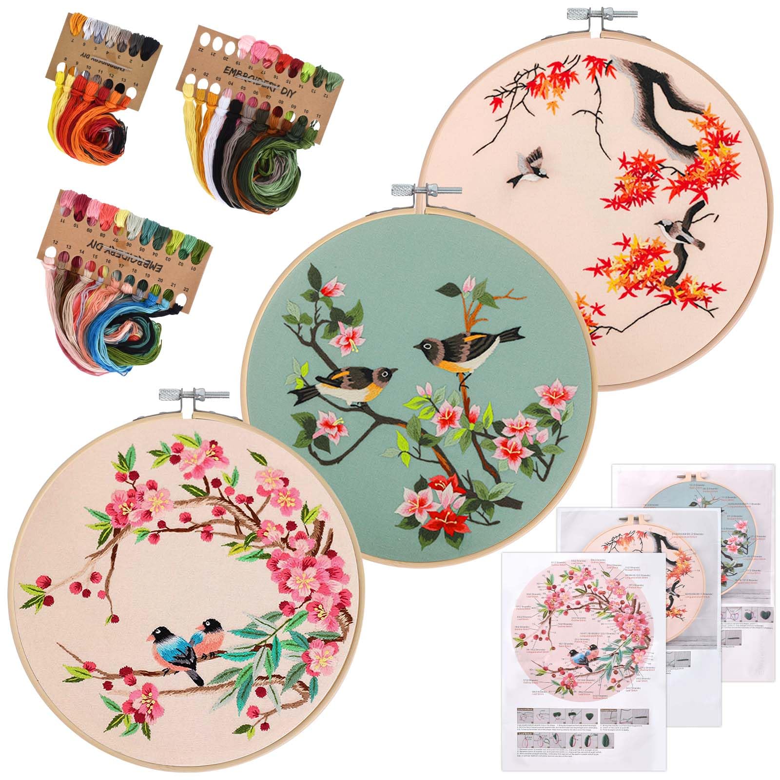 Embroidery Kit for Beginners, Set of Embroidery Starter Kits, Cross Stitch Kits with Flower & Bird Pattern and Instructions, Embroidery Cloth, Embroidery Hoops, Color Threads and Tool (Style A)