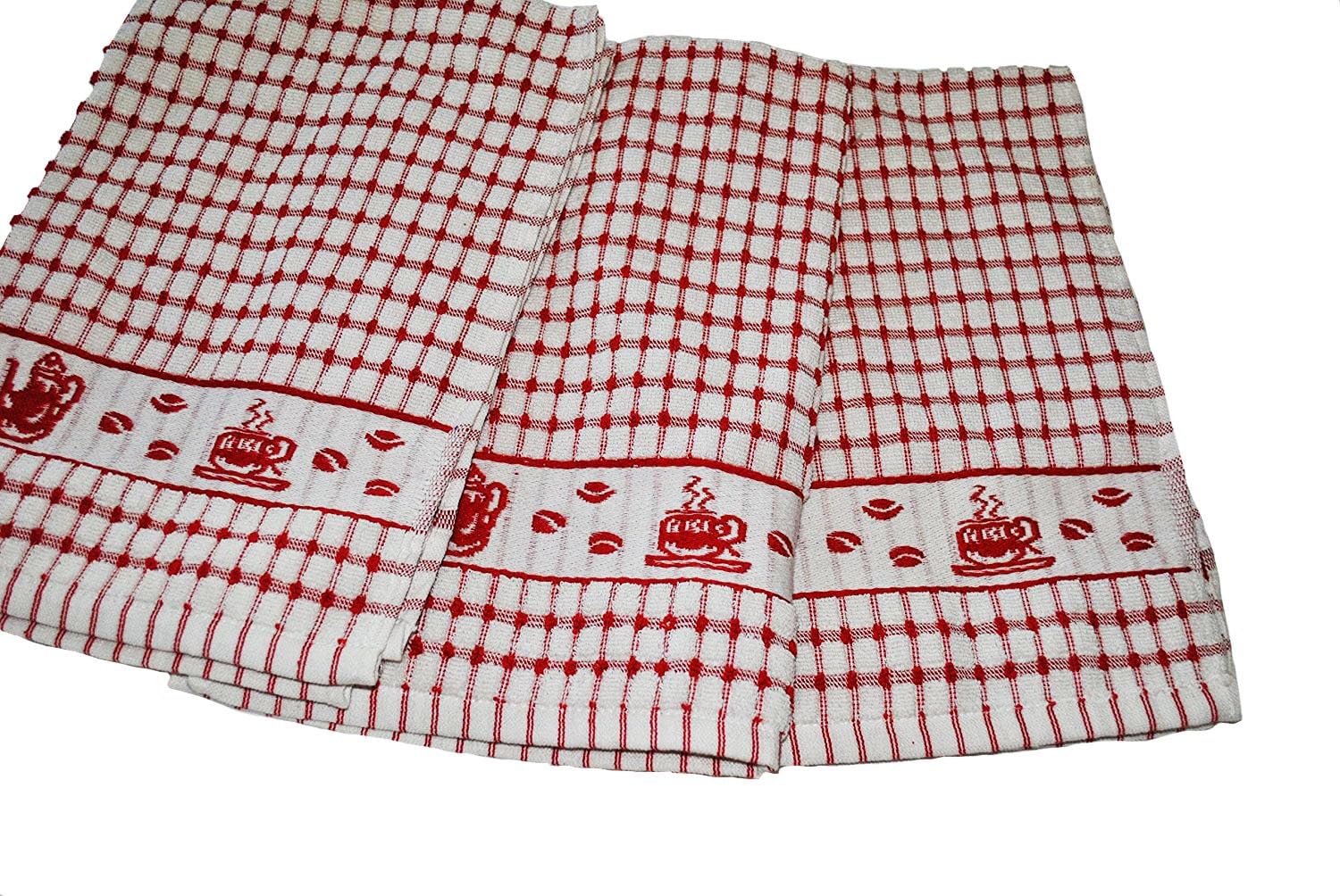 Hotel Linens Quality Thick Terry Cotton Check Jacquard Tea Towels Tea Time Design Pack of 3 (Red)