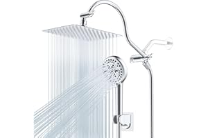 Hibbent All Metal Shower Head, 10'' High Pressure Rainfall Shower Head/Handheld Showerhead Combo with 12'' Adjustable Curve S