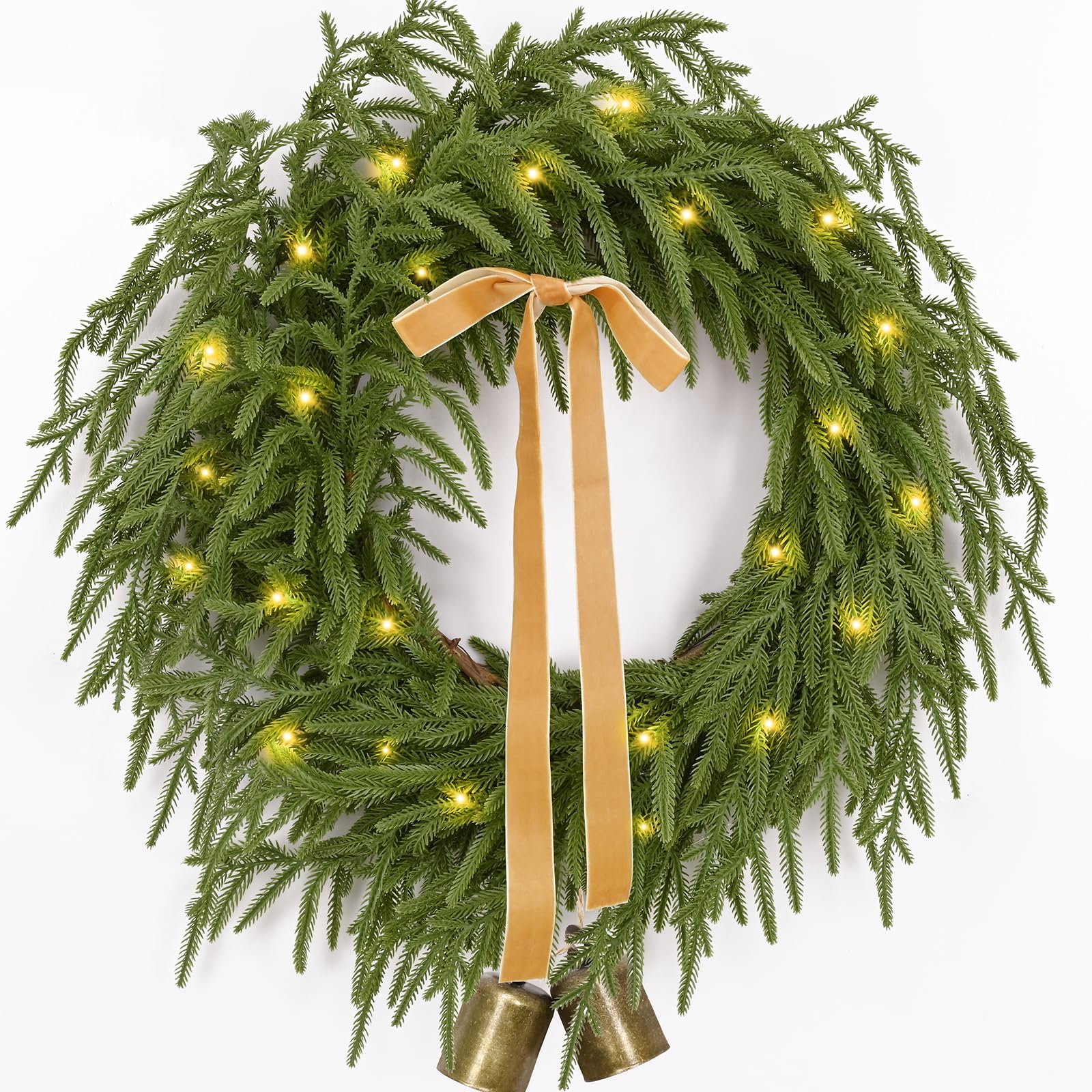 Photo 1 of Christmas Wreath -24 Inch Real Touch Norfolk Pine Wreath for Front Door, Christmas Wreath with Lights, Greenery Wreath with Ribbon Bell for Home Table Wall Window Indoor Outdoor Christmas Decoration