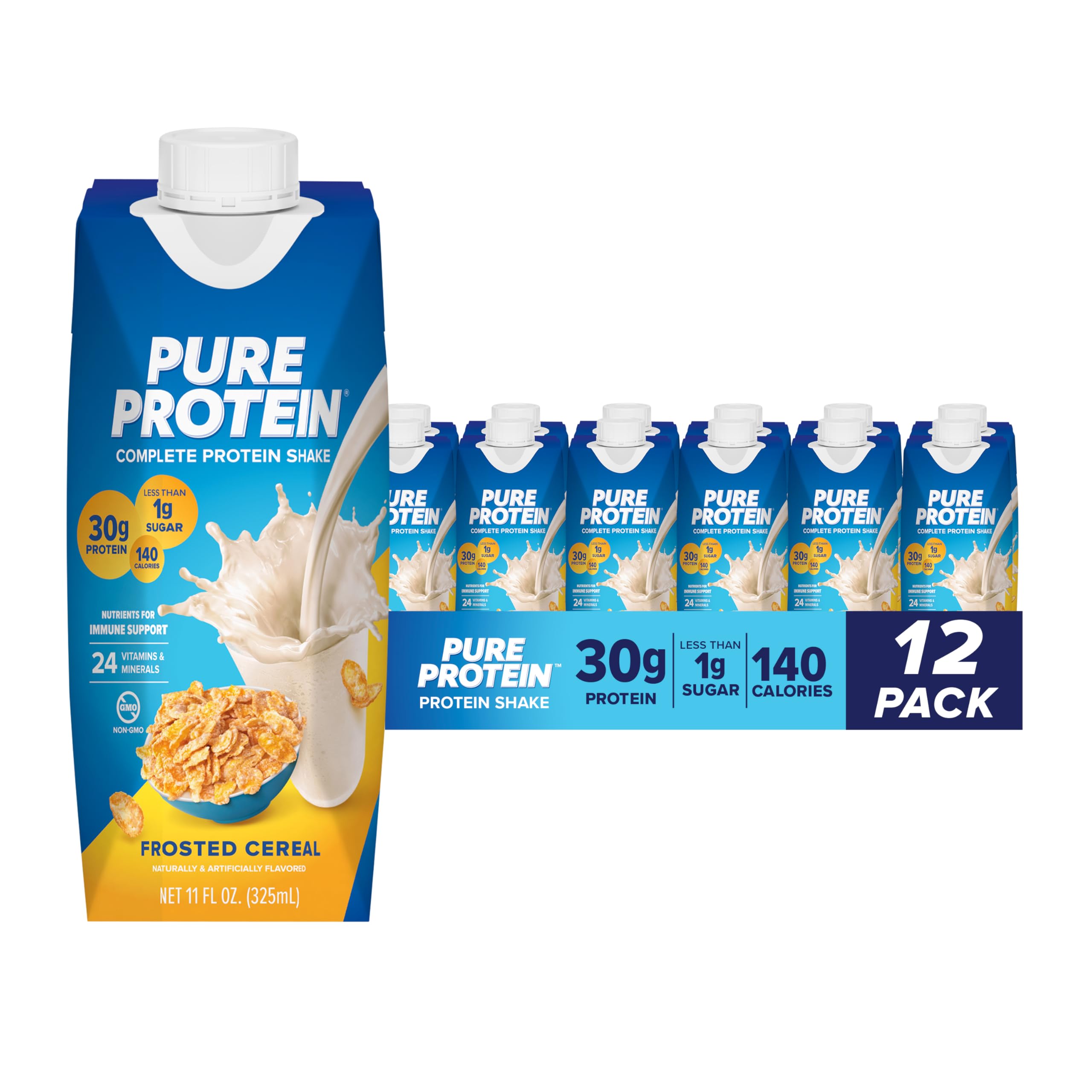 Photo 1 of ******EXP AUG 21/2026*****Pure Protein Complete Protein Shake, Frosted Cereal, 30g High Protein Drink, Less than 1g Sugar, 4g Fiber, Ready to Drink, Non GMO, On-the-Go Shakes, 11oz Bottles, 12 Pack