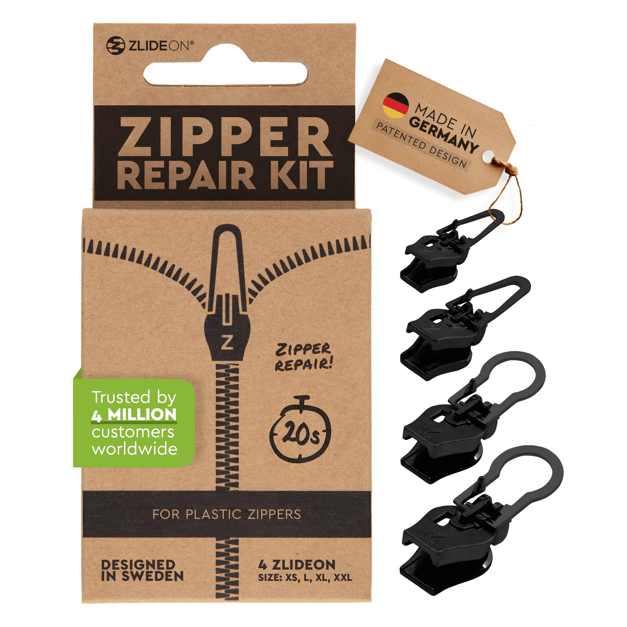 Photo 1 of ZlideOn Zipper Pull Replacement - Black, Multipack (4 Pieces) - Instant Zipper Replacement Slider for Plastic Zippers