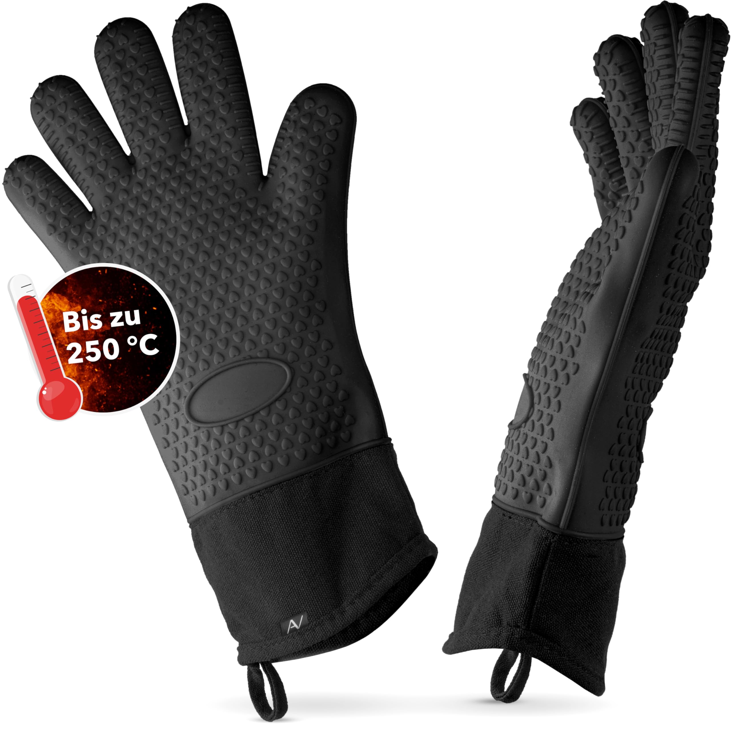 Silicone oven gloves, heat-resistant grill gloves, anti-slip cooking gloves with soft cotton lining, gloves up to 250°C - black
