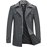 Lamgool Men's Winter Mid Length Wool Blend Coat Single Breasted Peacoat with Removable Scarf