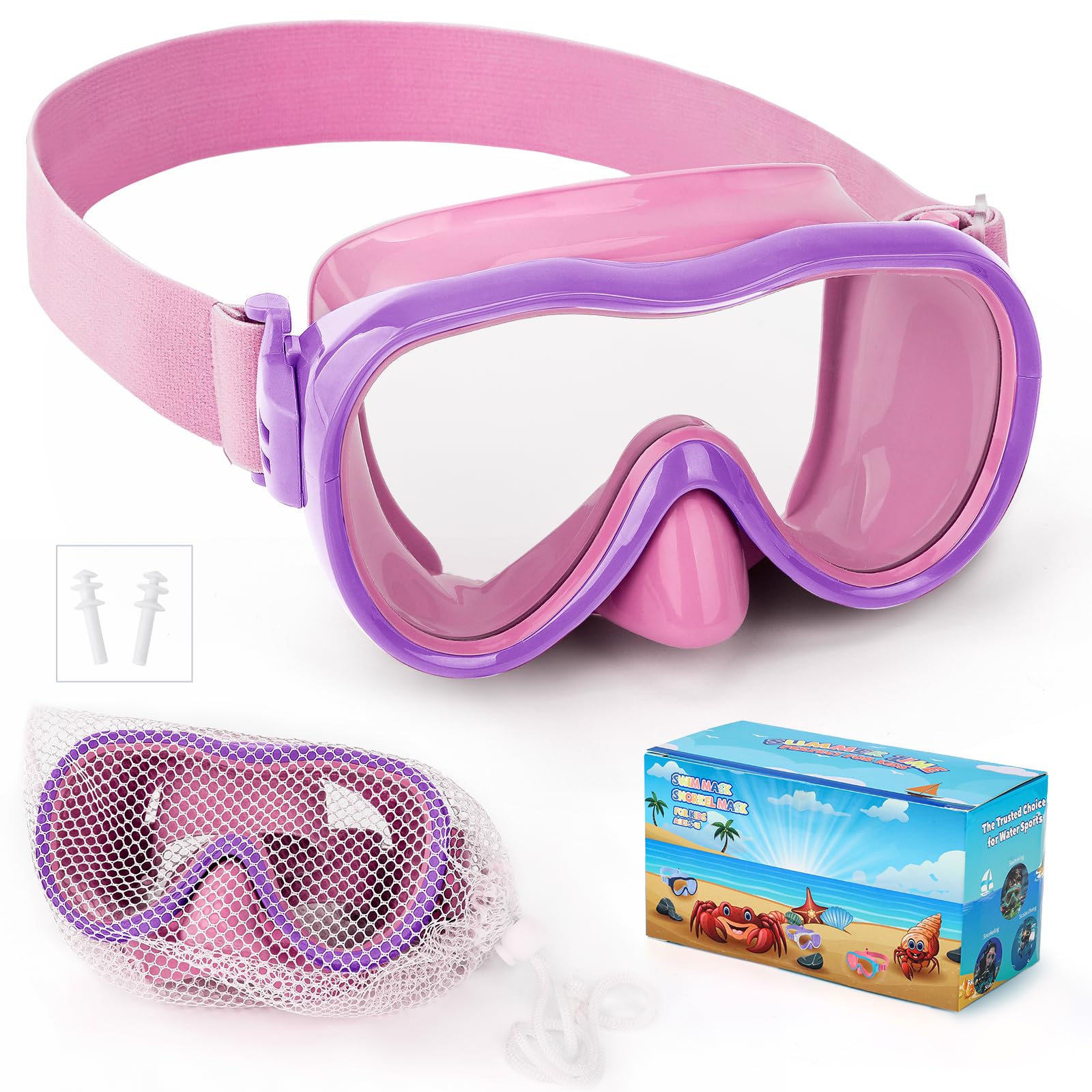 Kids Swim Goggles, Anti-Leak Snork Mask with Nose Cover & Elastic Fabric Strap, UV Protection Swimming Goggles for Kids Boys Girls (Pink-Purple)