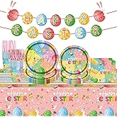 98PCS Easter Party Supplies Happy Easter Paper Plates and Napkins Colorful Easter Bunny Egg Tableware Set Spring Easter Party Decorations Easter Holiday Party Disposable Dinnerware Set for 16 Guests
