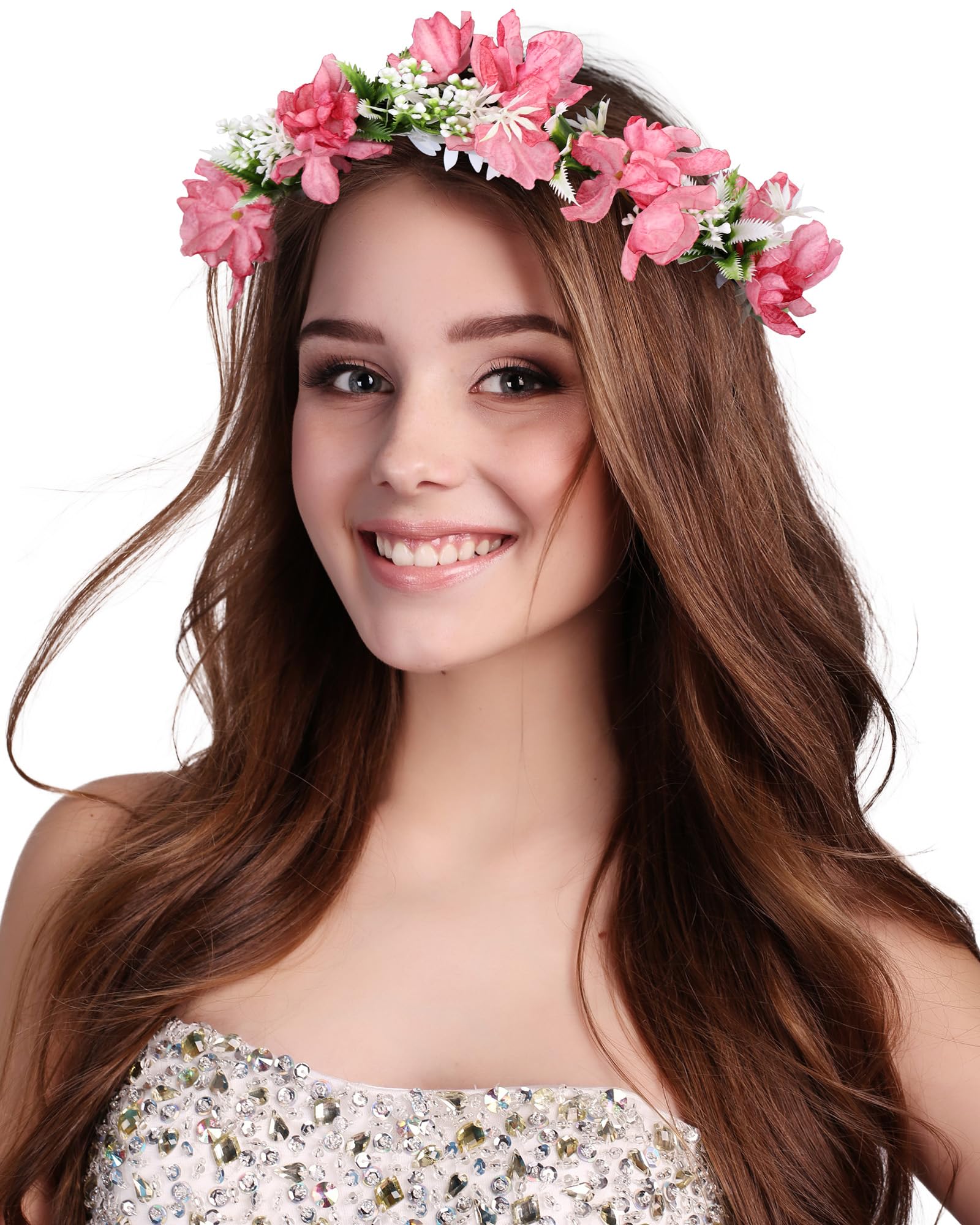 Photo 1 of AWAYTR Flower Crowns for Women Flower Headband Adjusatble Flower Girl Headpiece Headband Fairy Crown for Bridal Wedding Festival Party Photo (Red-1)