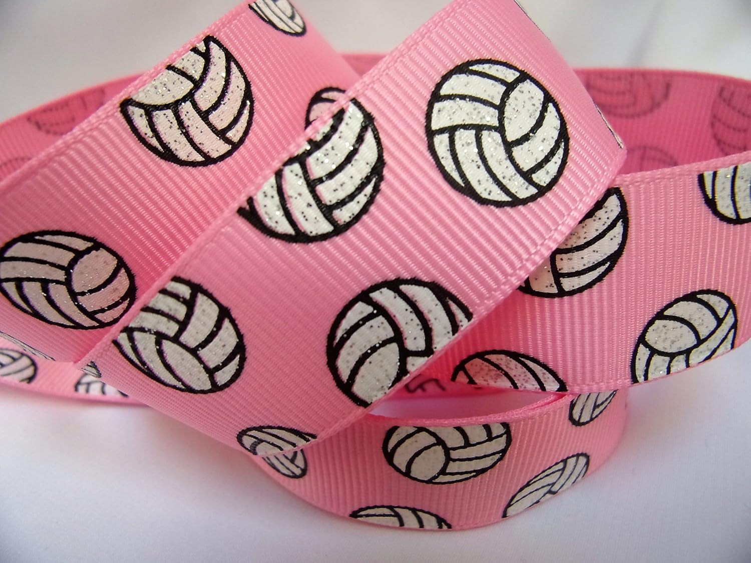 Grosgrain Ribbon Hot Pink Glitter Volleyball Print 7/8