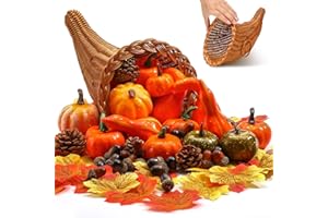 RIMCEREAL Thanksgiving Cornucopia Basket Set Fall Table Centerpieces 13.78'' Thanksgiving Large Cornucopia Horn of Plenty Harvest Decorations with 100 Pcs Artificial Leave Acorn Pumpkin for Table Home(Classic)