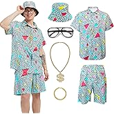 Owurha 80s 90s Outfit Men Retro Shirts and Shorts Set, Men 80s Tracksuit 90s Neon Theme Outfit for Men Disco Party Beach