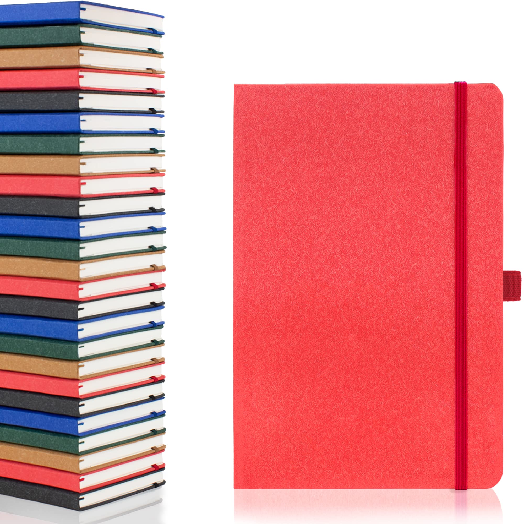 Notes London A5 Environmentally Friendly Eco Notebook with Lined Pages & Date Marks, 100% Recycled Paper, Ribbon, Pen Loop and Enclosure Band, Hardback Journal Notepad Note (Red)