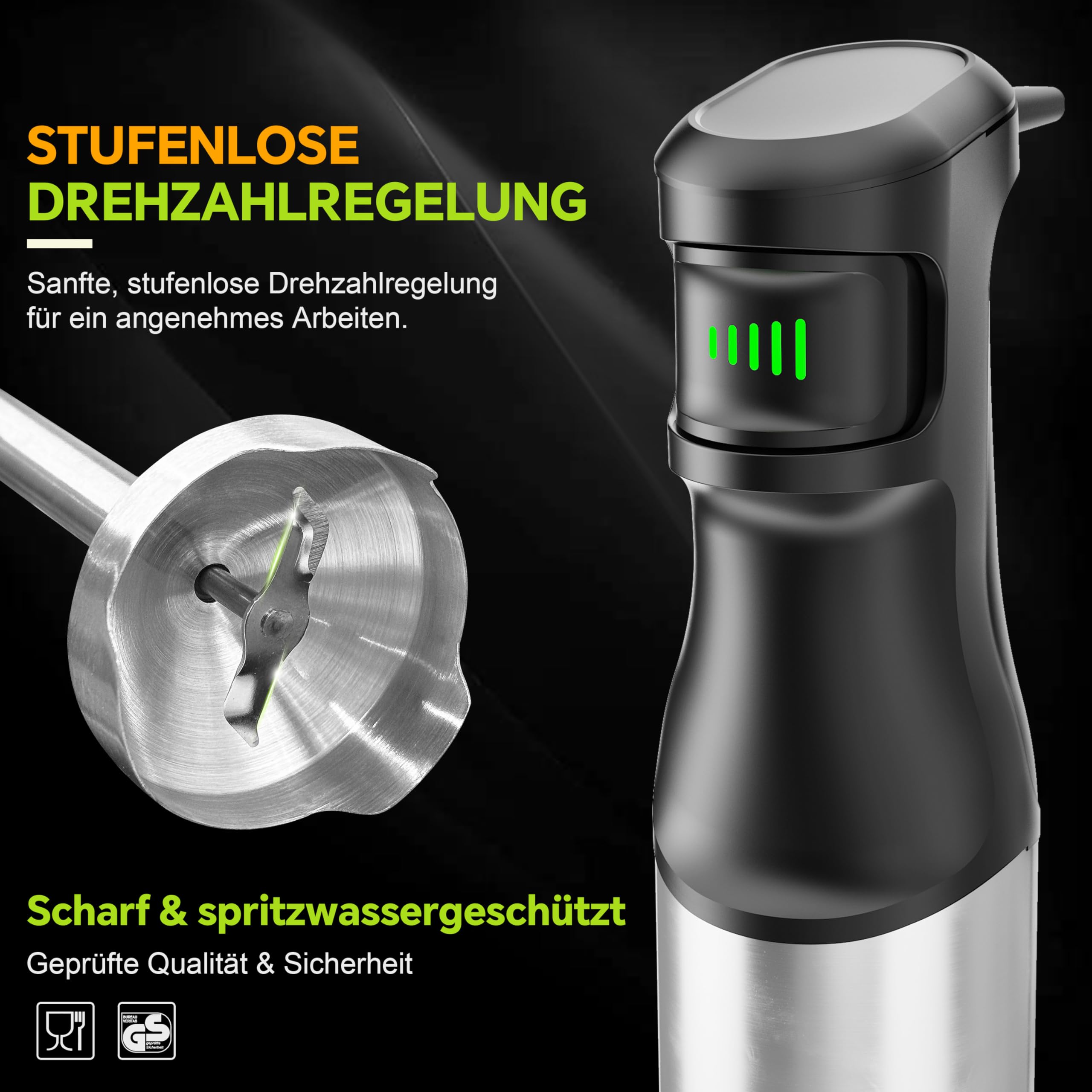 Ribelli Stabmixer Set 5-in-1 leistungsstark mit 1200W – Edelstahl Pürierstab stufenlos, Hand Blender & Mixer Küche inkl. Zerkleinerer, Schneebesen, Messbecher 700ml & Halterung für Suppe & Smoothie 3