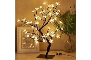 PEIDUO 17.5 Inch Lighted Cherry Blossom Tree, 48 Warm White Lights Plug in Adapter, Light up Bonsai Tree for Christmas Indoor Home Bedroom Living Room, Tabletop Decor Night Light Artificial Tree