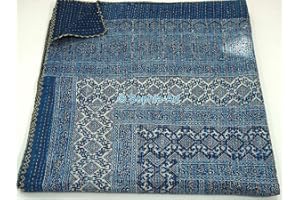 Sophia-Art California King/King/Twin Size Bohemian Hand Block Ajrak Vintage Print Bedspread Kantha Blanket Bed Cover, Sofa Cover Hand Stitch Throw Quilt (Blue- White, Twin 6090 Inches)