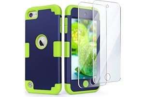 IDweel for iPod Touch Case with 2 Screen Protectors, 3 in 1 Hard PC Case + Silicone Shockproof for Kids Heavy Duty Hard Case Cover for iPod Touch 7th/6th/5th Generation,Navy Blue + Green