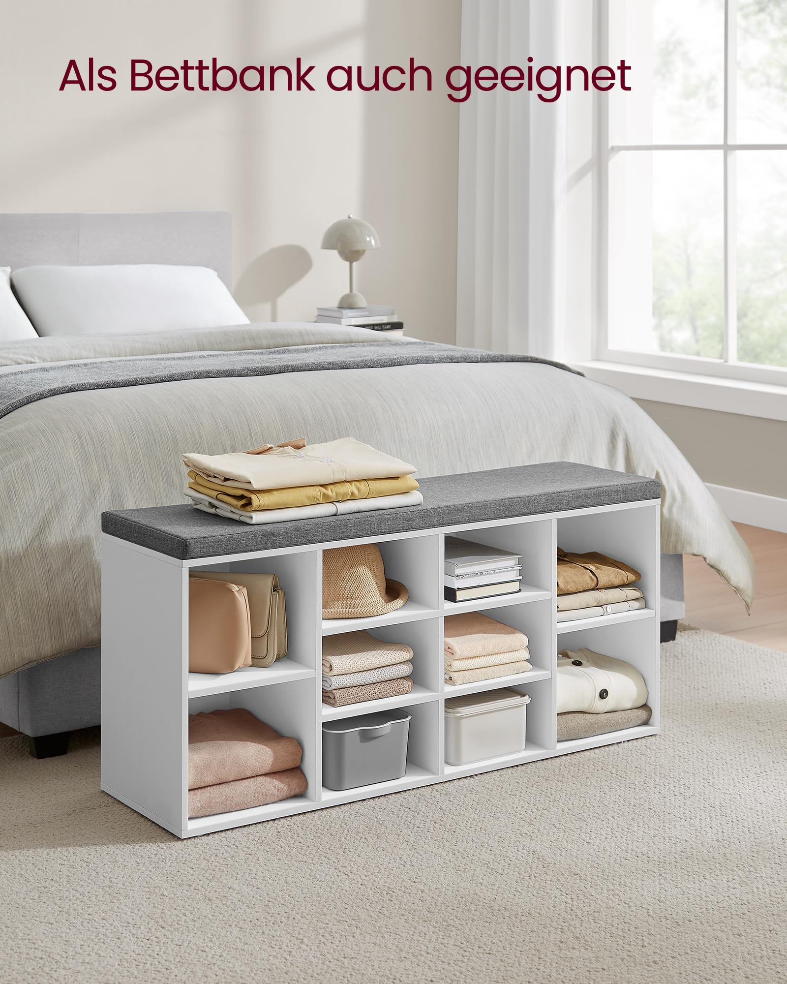 VASAGLE Schuhbank, Schuhregal mit Sitzfläche, Sitzbank mit Stauraum, gut gepolstert, Flurbank mit 10 Fächern, verstellbaren Ablagen, für Schlafzimmer, 30 x 104 x 48 cm, weiß-grau LHS10WT 4