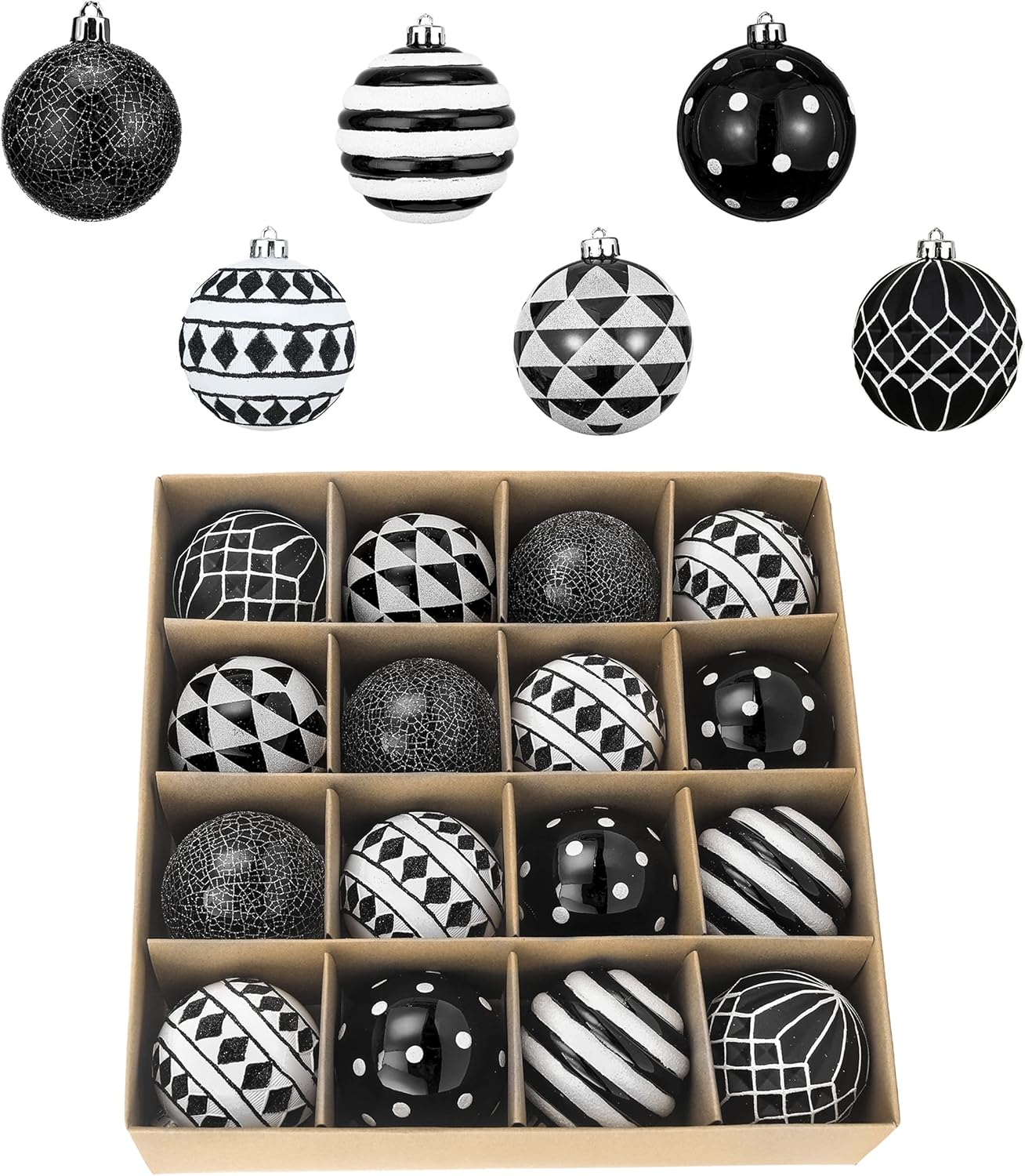 Ornaments - Valery Madelyn Christmas Ornaments Set, 16ct Black and White Shatterproof Christmas Tree Decorations Ball Ornaments Bulk, 3.15 Inches Modern Hanging Ornaments for Xmas Trees Holiday Decor
