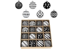 Valery Madelyn Christmas Ornaments Set, 16ct Black and White Shatterproof Christmas Halloween Tree Decorations Ball Ornaments Bulk, 3.15 Inches Modern Hanging Ornaments for Xmas Trees Holiday Decor