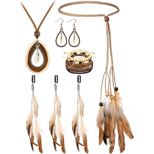 ZORVUJI Handgemaakte boho-oorbellen voor dames, set met veren, leren choker, halsketting & vintage hanger, retro indianensieraden, Viking-stijl