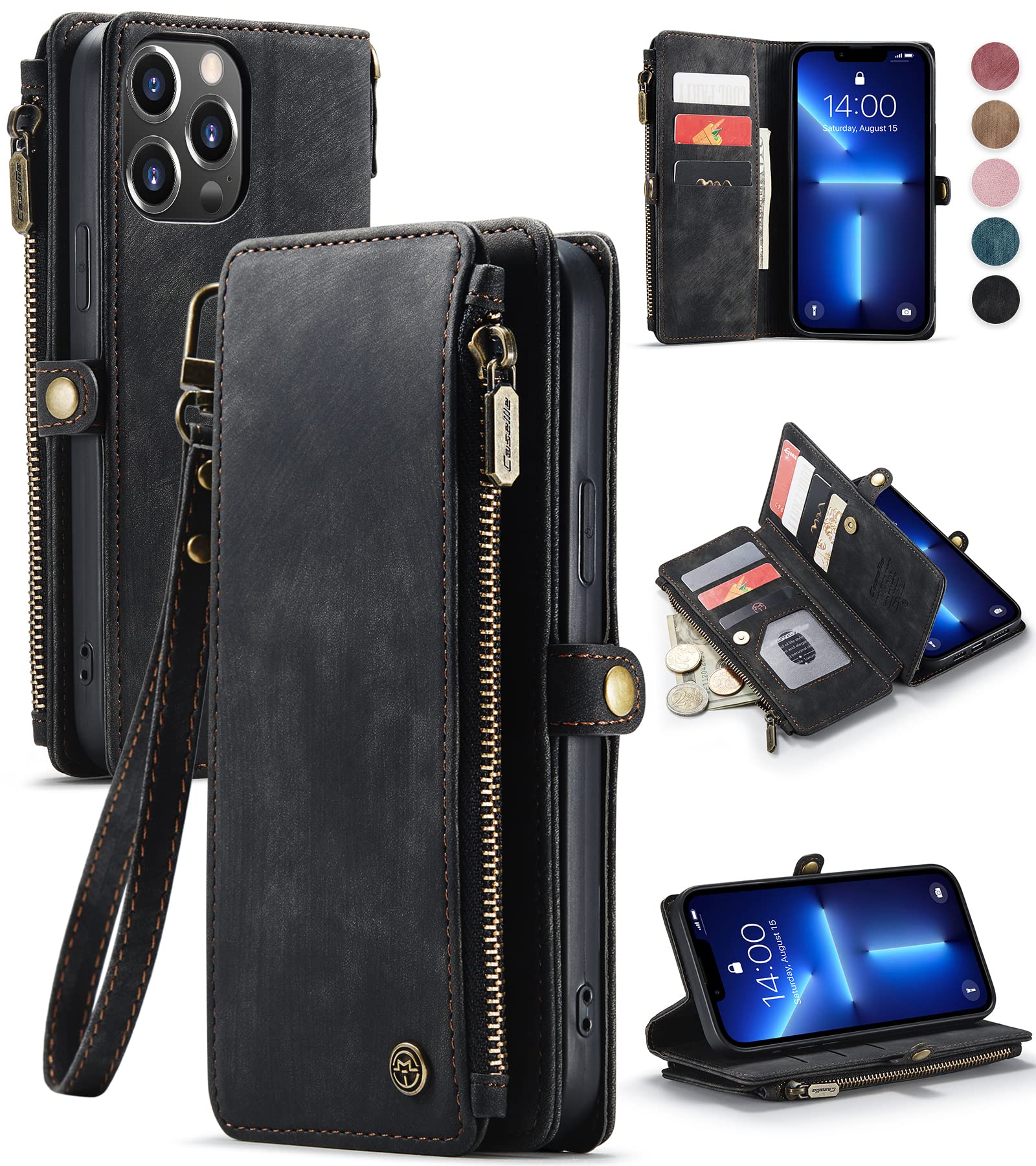 Defencase Compatible with iPhone 13 Pro Max Case Wallet with Card Holder for Women Men, PU Leather Magnetic Snap Flip Zipper Strap Phone Case Fit for iPhone 13 Pro Max, Fashion Black