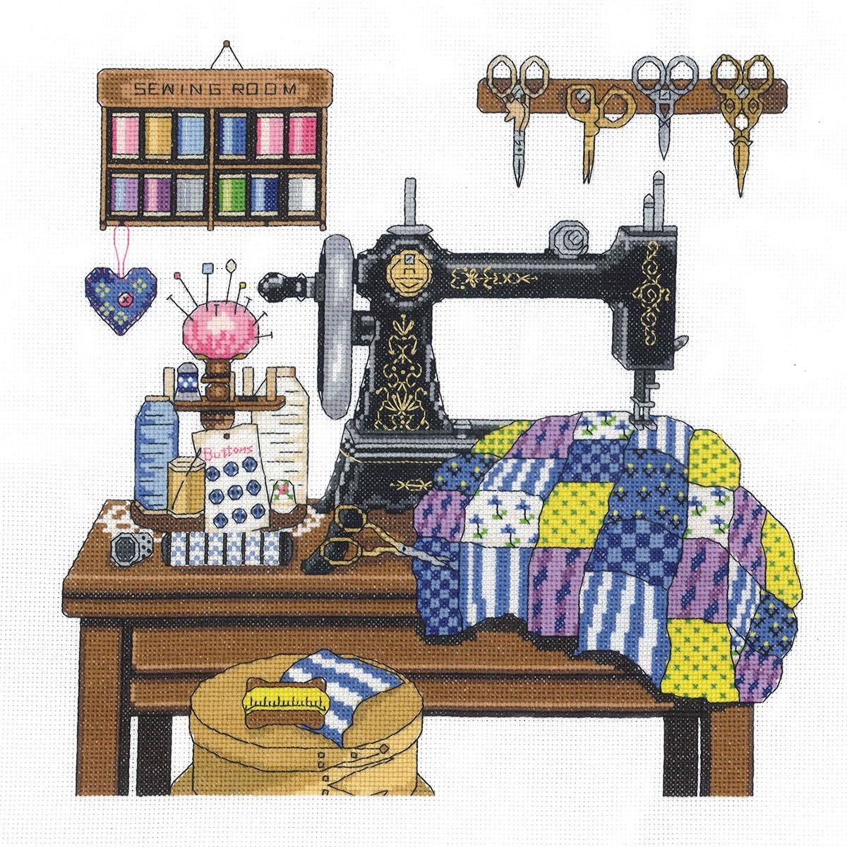 Janlynn 14 Count Antique Sewing Room Cross Stitch Kit, 12 by 12-Inch