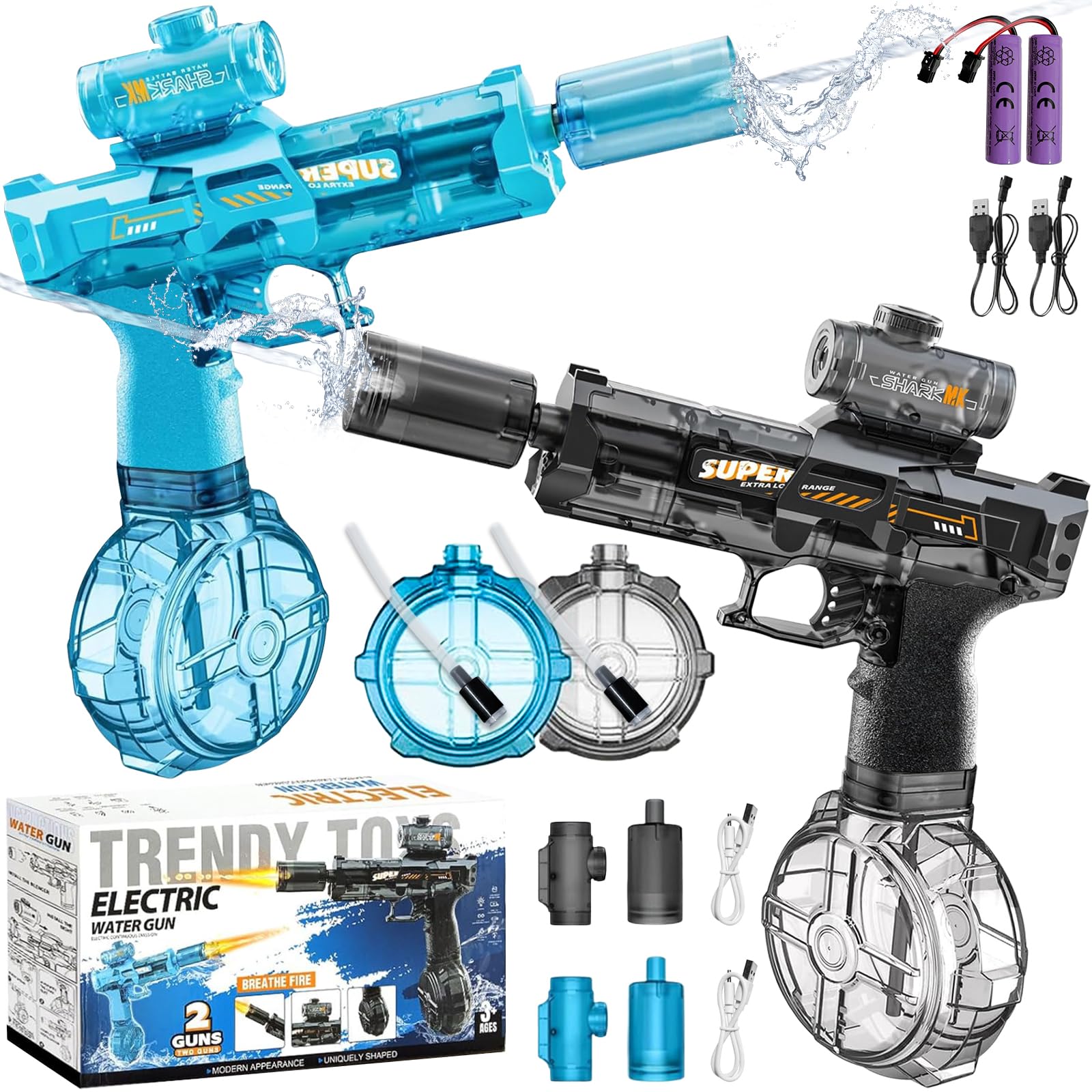 Hyhuiyin 2Pcs Electric Water Gun,Automatic Water Gun Pistols Long Range Motorized Water Guns with Multifunctional Lighting Effects Rechargeable Water Blaster for Adults Summer Outdoor Beach Pool Party