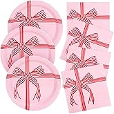 Whaline Valentine' s Day Red Bow Tableware Set Serves 24 Guests Pink Paper Plates with Luncheon Napkin for Party Birthday Baby Shower Table Decor Supplies